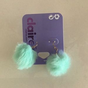 Pompom furry acqua green blue earrings. Dangling. Pompom about 1in.